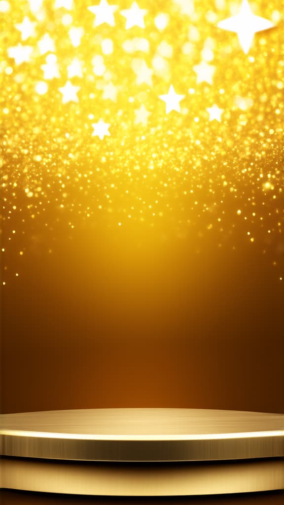  professional detailed photography, metallic gold podium on a glowing gold background , background of blurred gold glowing stars ar 9:16, (muted colors, dim colors, soothing tones), (vsco:0.3)