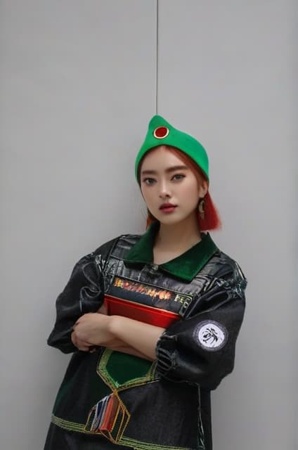  a girl with red hair on her shoulders in a green binni hat, with green eyes