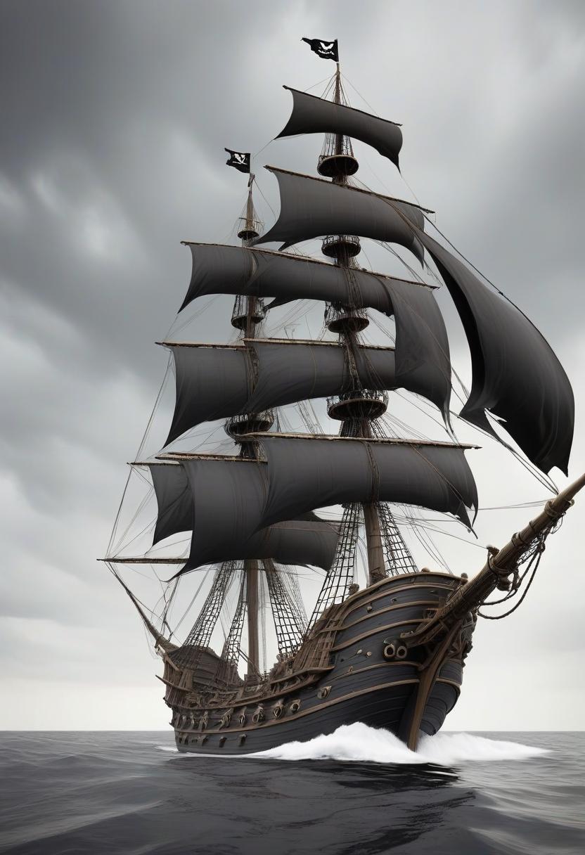  pirate ship. black sails. white background.