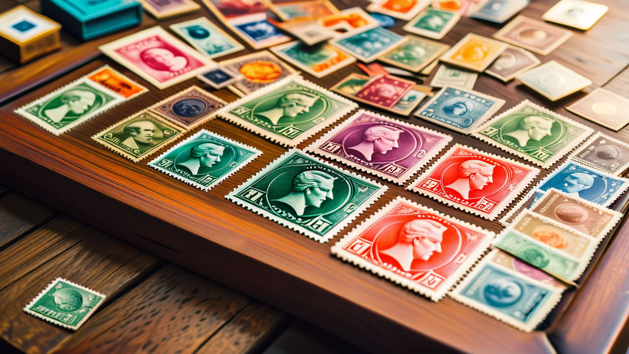  a close up of an antique wooden table scattered with colorful, vintage stamps, magnifying glass, and a stamp album. natural light highlights the intricate designs and perforations, evoking a sense of nostalgia and curiosity. hyperrealistic, full body, detailed clothing, highly detailed, cinematic lighting, stunningly beautiful, intricate, sharp focus, f/1. 8, 85mm, (centered image composition), (professionally color graded), ((bright soft diffused light)), volumetric fog, trending on instagram, trending on tumblr, HDR 4K, 8K