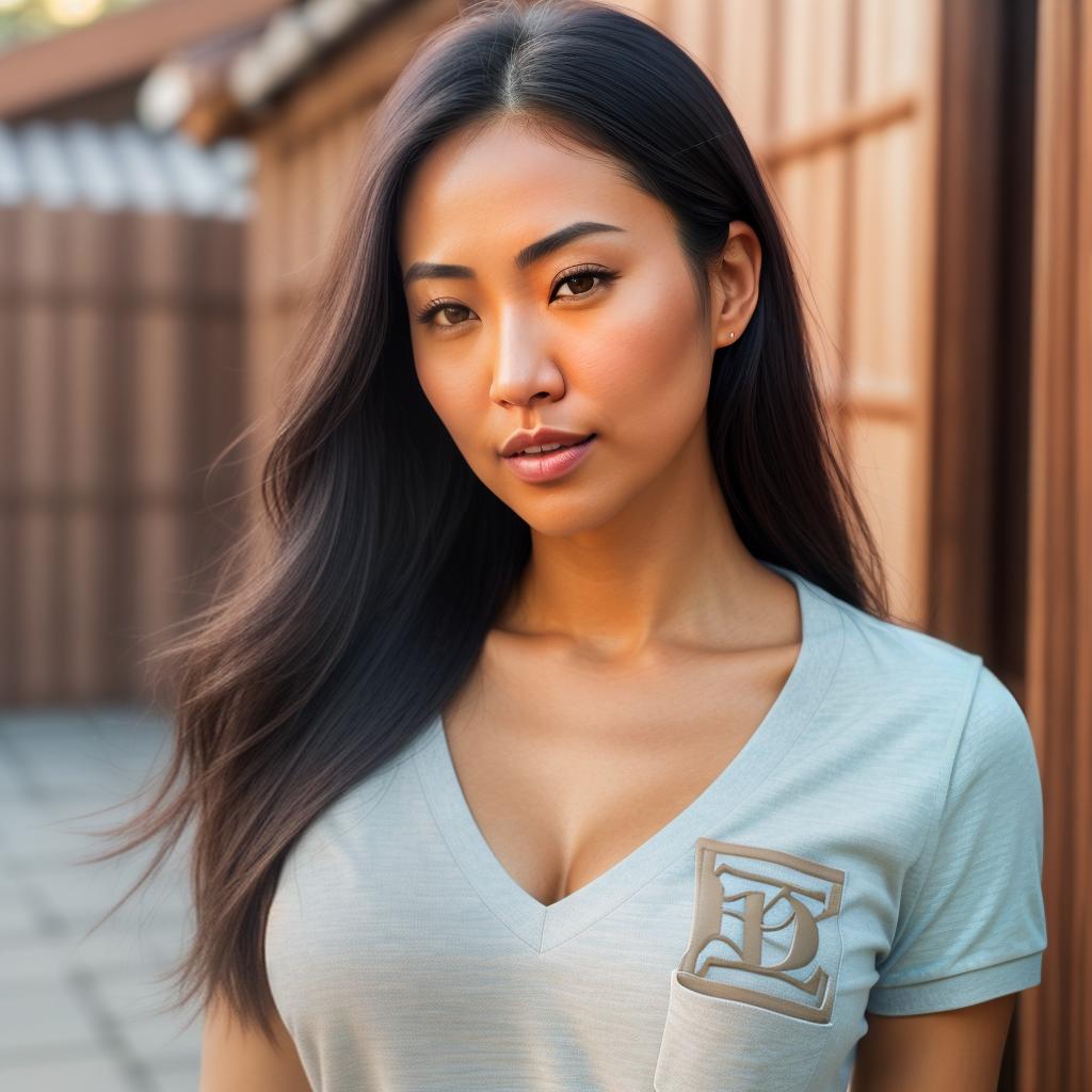  (((realistic full torso frontal head shot of a light tan skin tone woman))), eri mana fujita, ((japanese heritage)), immature face, green eye color, ((long hair style)), (( hair color)), ((skinny body type)), medium size, athletic size, (immature broad flat nose), (immature rounded cheeks), (immature soft jawline), (immature full lips), (immature prominent forehead), (immature even eyebrows), (immature slightly rounded chin), standing straight looking directly into the camera,((wearing fitted polo shirt with deep v neck and monogrammed pocket)), backyard in background, 1, best quality, highest quality, award winning photo, masterpiece, raw, professional photography, photorealism, sharp focus, cinematic, high res hyperrealistic, full body, detailed clothing, highly detailed, cinematic lighting, stunningly beautiful, intricate, sharp focus, f/1. 8, 85mm, (centered image composition), (professionally color graded), ((bright soft diffused light)), volumetric fog, trending on instagram, trending on tumblr, HDR 4K, 8K