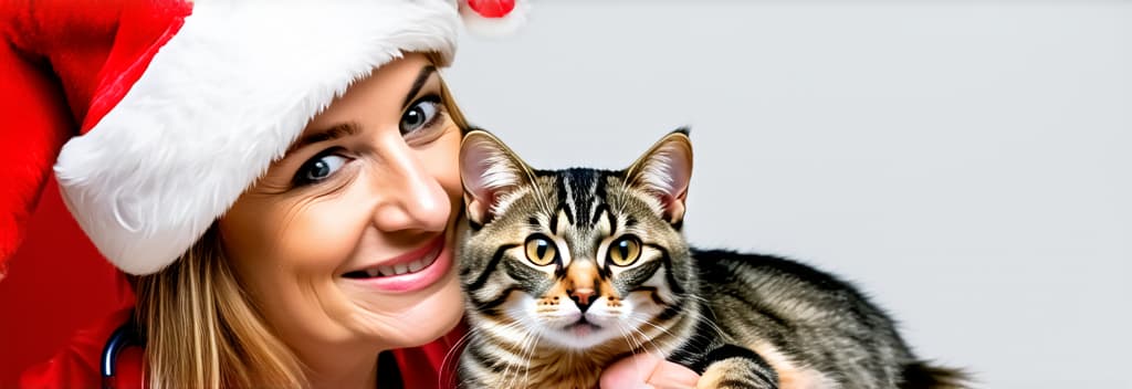  veterinarian in santa hat holding cat on right on light background, free space for text on left ar 3:1, (natural skin texture), highly detailed face, depth of field, hyperrealism, soft light, muted colors