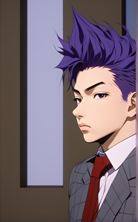  hitoshi shinso, semi realistic, detailed, messy purple hair, 3/4ths profile, apathetic, lethargic photo realistic, highly intricate and detailed, masterpiece, ultra high res,photography,8k resolution