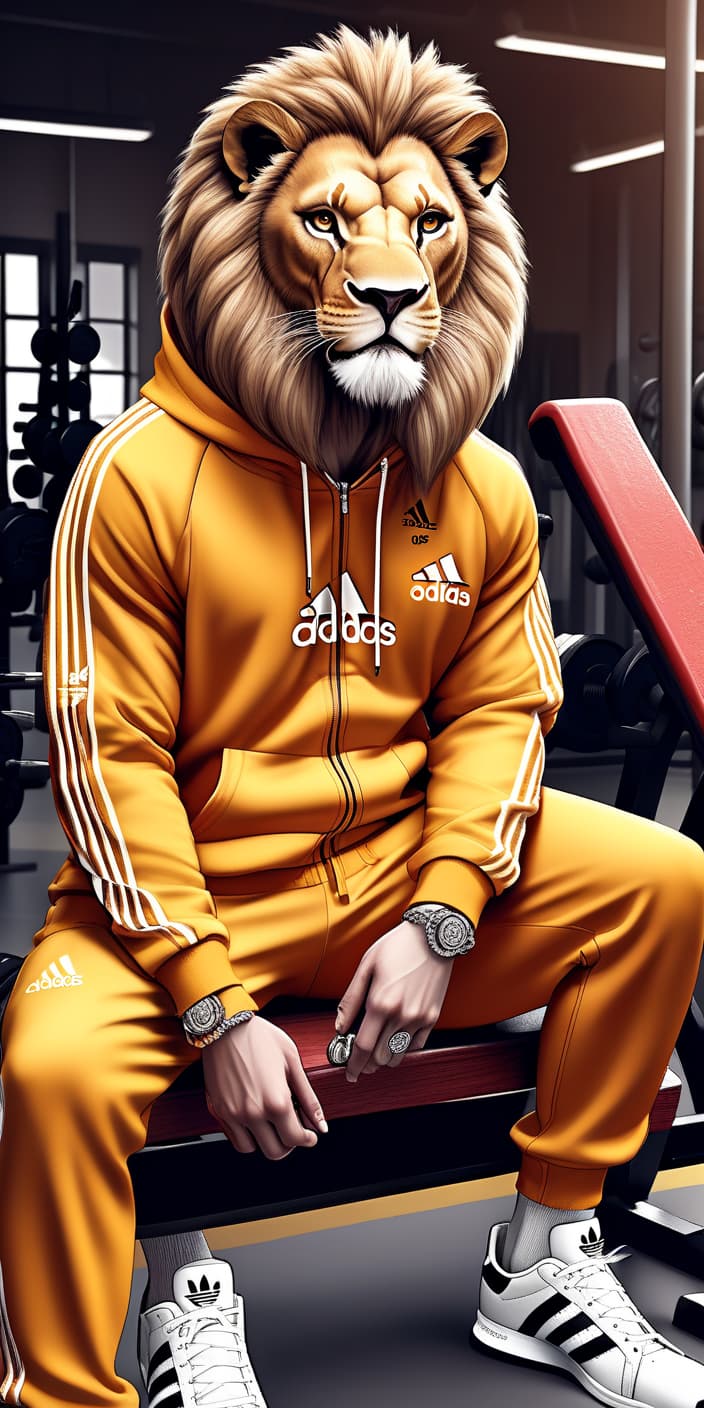  fashion editorial style high quality, high detail, lion animal, lion in tracksuit "adidas", sitting on a bench, on the neck chain with the logo "adidas" gym, on the floor dumbbells, drawing, looking at the camera . high fashion, trendy, stylish, editorial, magazine style, professional, highly detailed