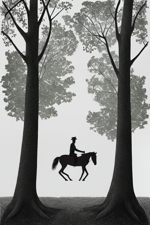  A man riding horse in the forest / minimalist drawing