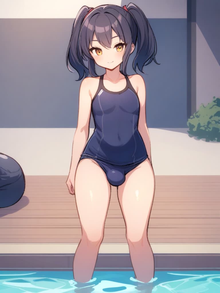  women's elementary students (male), twin tails, cute smiles, rich s, low stature, dark blue swimwear, old swimwear, , simple, , (bulge), male (bulging), front, whole body, pool side,