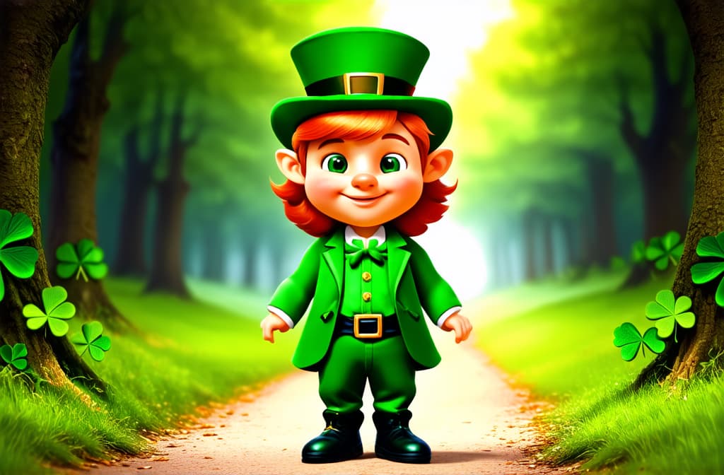  st. patrick's day. a little cartoon leprechaun with red hair in a green suit and a green hat stands on a forest path surrounded by shamrocks. design for postcards, flyers ar 3:2, (natural skin texture), highly detailed face, depth of field, hyperrealism, soft light, muted colors