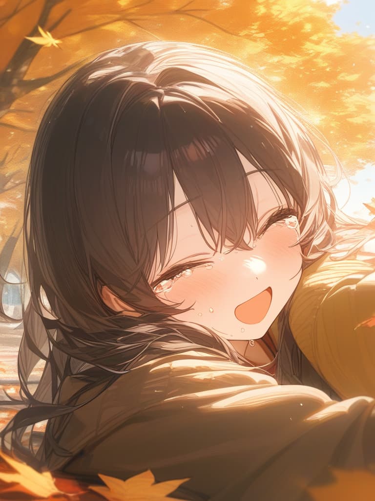  autumn, kaede tree, autumn leaves are scattered, girls, laughing, tears, goodbye, crying, cute, pale, masterpiece, best quality,8k,ultra detailed,high resolution,an extremely delicate and beautiful,hyper detail