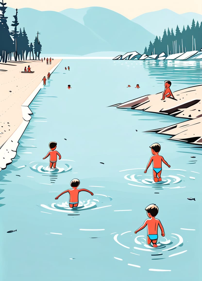  minimalist style children swim in lake baikal in a children's camp retro style sketch . simple, clean, uncluttered, modern, elegant