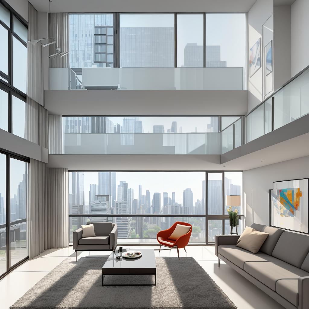  masterpiece, best quality, Best Quality, Masterpiece, 8k resolution,high resolution concept art of an apartment living room with floor to ceiling windows and modern furniture