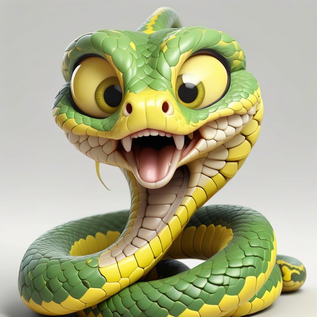  cute cartoon character in the form of a large curled snake green yellow with detailed scaly skin and piercing yellow eye, 3d octane number in full growth on a white background