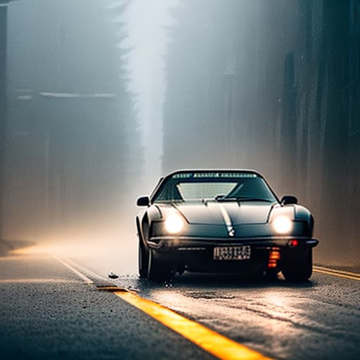 nvinkpunk a car stopped in the full rain in forest road midnight Apply the Following Styles Dystopian Art hyperrealistic, full body, detailed clothing, highly detailed, cinematic lighting, stunningly beautiful, intricate, sharp focus, f/1. 8, 85mm, (centered image composition), (professionally color graded), ((bright soft diffused light)), volumetric fog, trending on instagram, trending on tumblr, HDR 4K, 8K