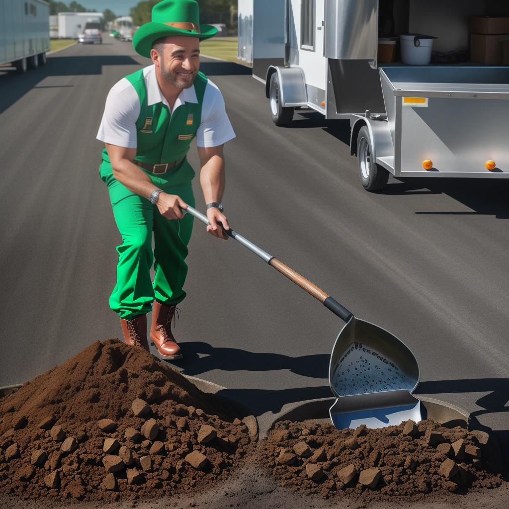  Small leprechaun shoveling hot asphalt from a trailer with a shovel hyperrealistic, full body, detailed clothing, highly detailed, cinematic lighting, stunningly beautiful, intricate, sharp focus, f/1. 8, 85mm, (centered image composition), (professionally color graded), ((bright soft diffused light)), volumetric fog, trending on instagram, trending on tumblr, HDR 4K, 8K