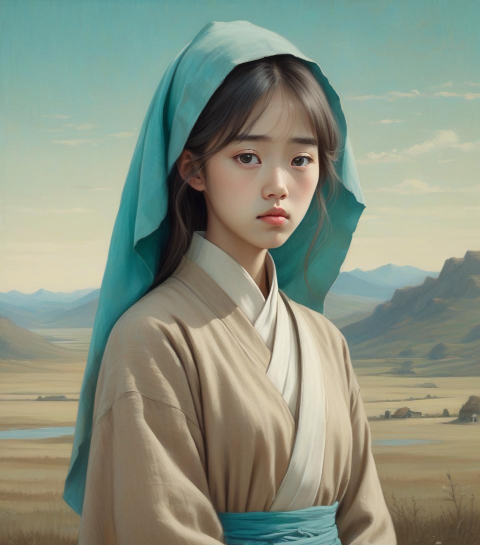  vintage front view portrait of a sad looking young and very cute korean girl, wearing a simple earth colored linen medieval dress and a linen coif, standing in front of vast landscape with a bright turquoise sky, muted earth colors, highly detailed, realistic