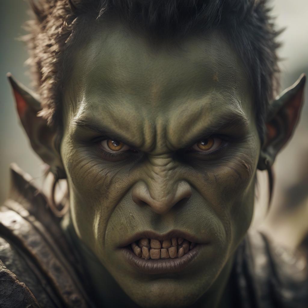  cinematic film still young orc. thin, bronze skin, fangs. brown eyes, powerful chin, . shallow depth of field, vignette, highly detailed, high budget, bokeh, cinemascope, moody, epic, gorgeous, film grain, grainy