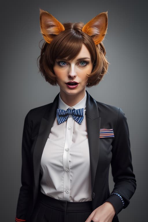  masterpiece, best quality, 1, solo, animal ears, bow, teeth, jacket, tail, open mouth, brown hair, orange background, bowtie, orange nails, simple background, cat ears, orange eyes, blue bow, animal ear fluff, cat tail, looking at viewer, upper body, shirt, uniform, hood, striped bow, striped, white shirt, black jacket, blue bowtie, fingernails, long sleeves, cat , bangs, fangs, collared shirt, striped bowtie, short hair, tongue, hoodie, sharp teeth, facial mark, claw pose hyperrealistic, full body, detailed clothing, highly detailed, cinematic lighting, stunningly beautiful, intricate, sharp focus, f/1. 8, 85mm, (centered image composition), (professionally color graded), ((bright soft diffused light)), volumetric fog, trending on instagram, trending on tumblr, HDR 4K, 8K