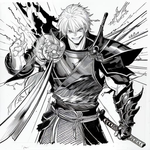  man aggressive, wild smile, one eye open, muscles, black armor, big sword, fire everywhere, red neon, anime, sketch, manga sketch, pencil drawing, black and white, manga, manga style, low detail, line art, vector art, monochromatic, by katsuhiro otomo and masamune shirow and studio ghilibi and yukito kishiro