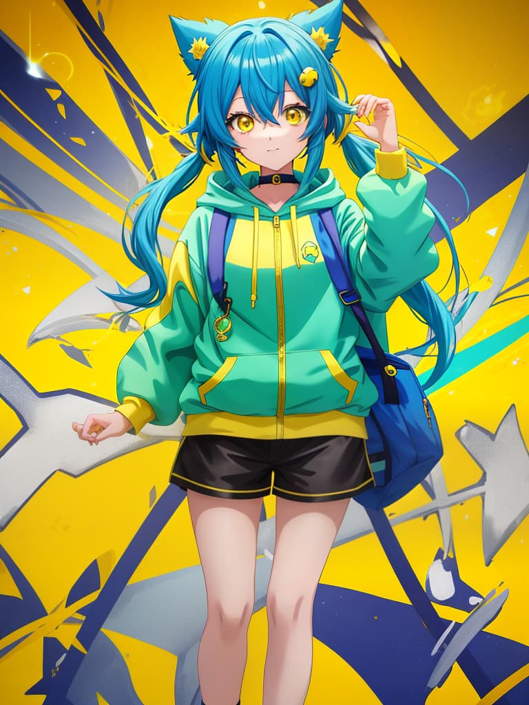  anime girl in yellow hoodie and shorts with yellow background, anime character, 2 d anime style, in blue and yellow clothes, anime style il d, good clothes, rei hiroe, anime cover, we saw, anime style only, in anime style, anime moe art style, (anime girl)