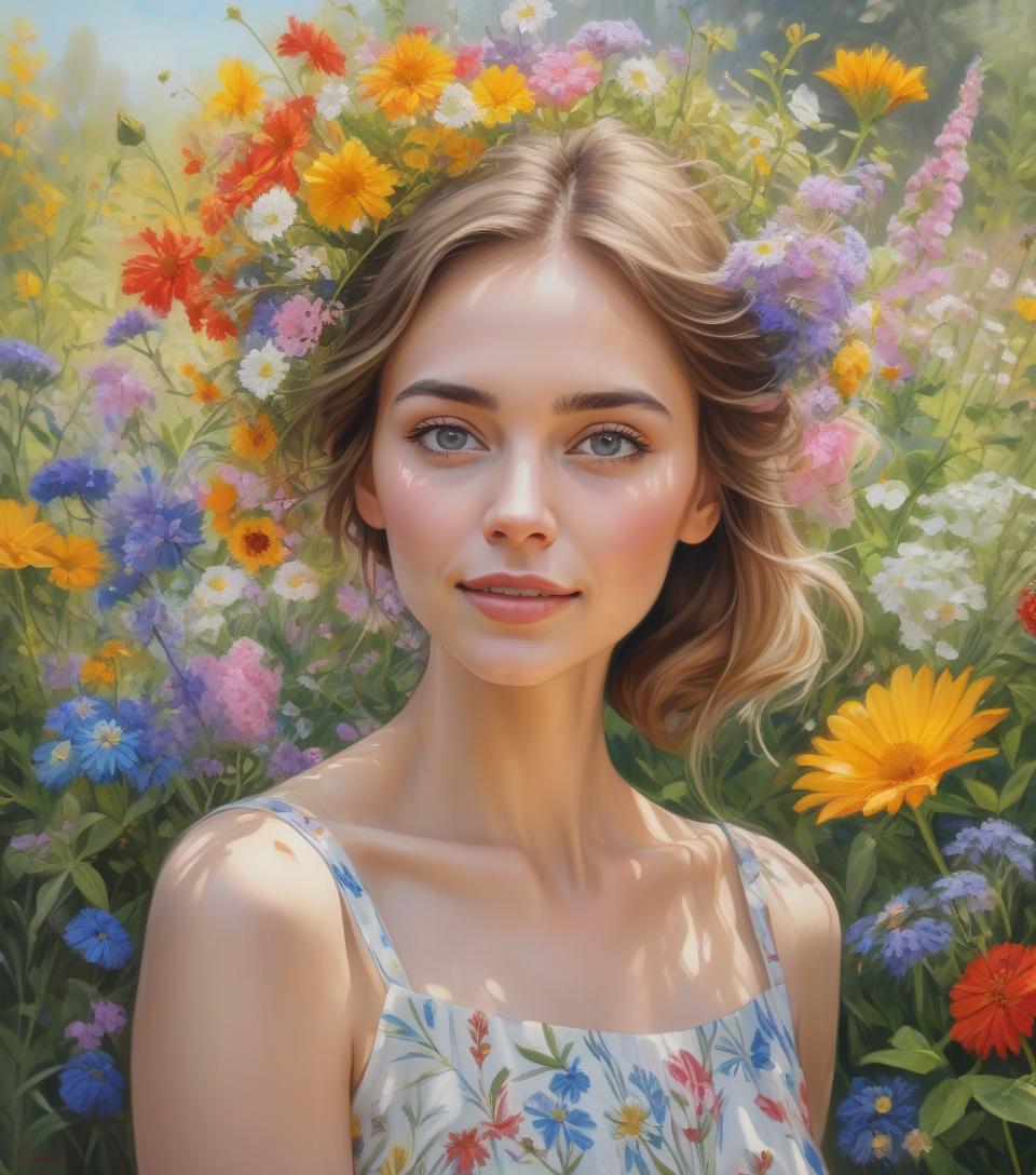  hyperrealistic art garden wonders, beautiful woman holding a bouquet of wild flowers to her face, detailed summer garden background, wearing a summer dress, perfect face, delicate face, vivid colors, happiness, oil painting, expressive brushwork, highly detailed, delicate details . extremely high resolution details, photographic, realism pushed to extreme, fine texture, incredibly lifelike