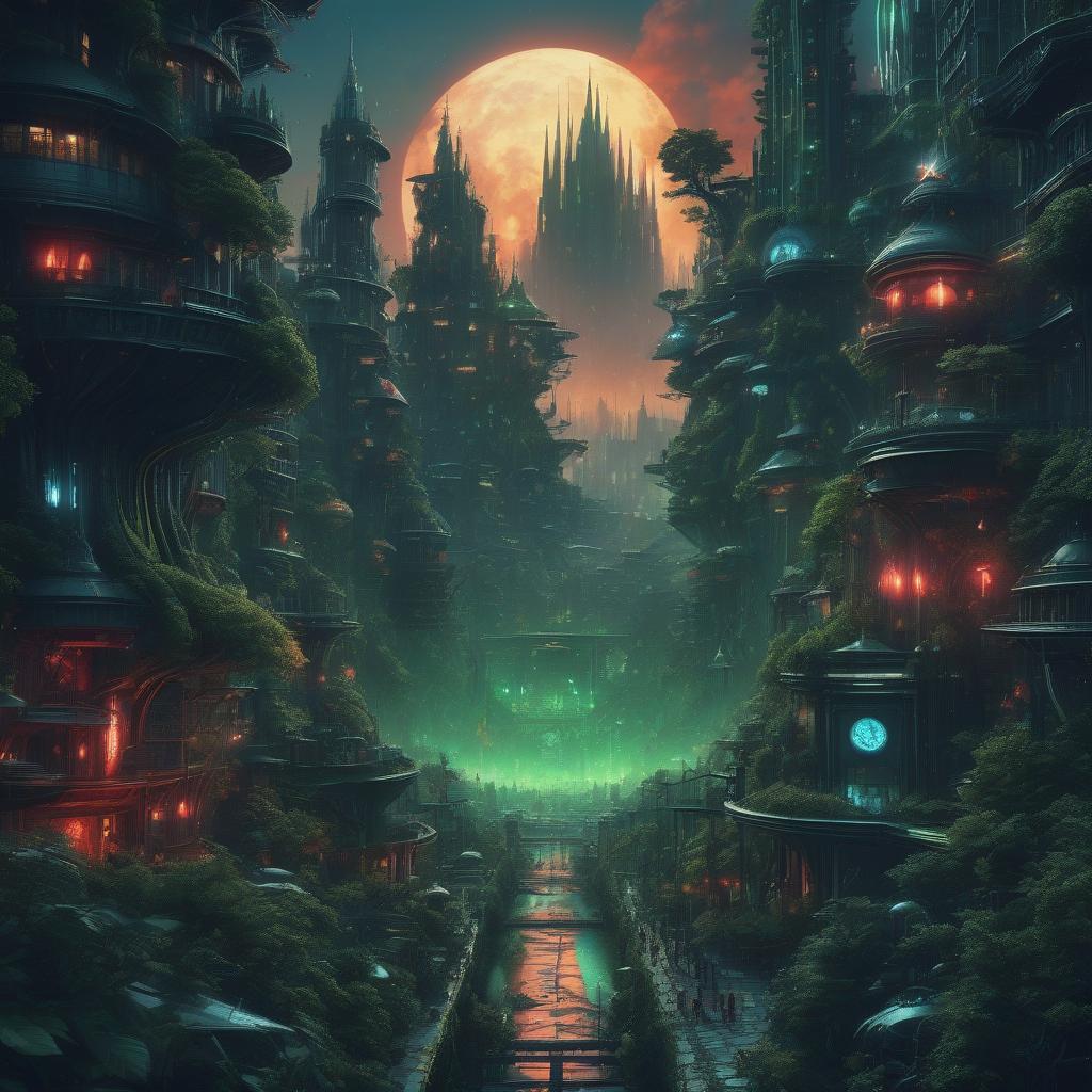  alchemical fairy mysterious forest cinematic super detail, night, dream, nightmare, darkness, green nature city, futuristic city, national city, colorful, massively, huge area, many details, red, green, black, blue, yellow, city, big city, 1920x1080 resolution, full hd v 4 stylization 500 by vampire hunter d