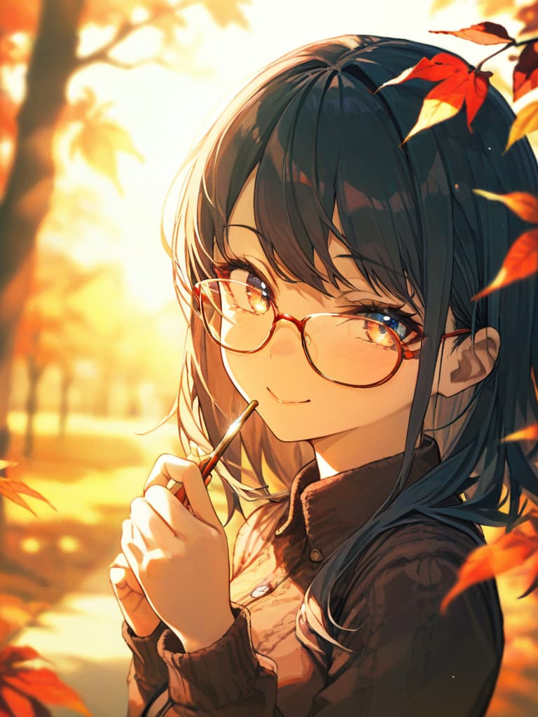  autumn, maple, glasses girls, smiles, masterpiece, best quality,8k,ultra detailed,high resolution,an extremely delicate and beautiful,hyper detail