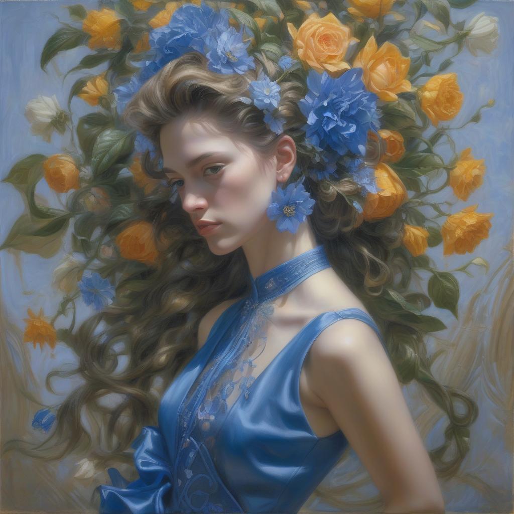  <mymodel> a painting of a woman with flowers in her hair and a blue dress donato giancola, figurative art, extremely detailed oil painting, a hyperrealistic painting