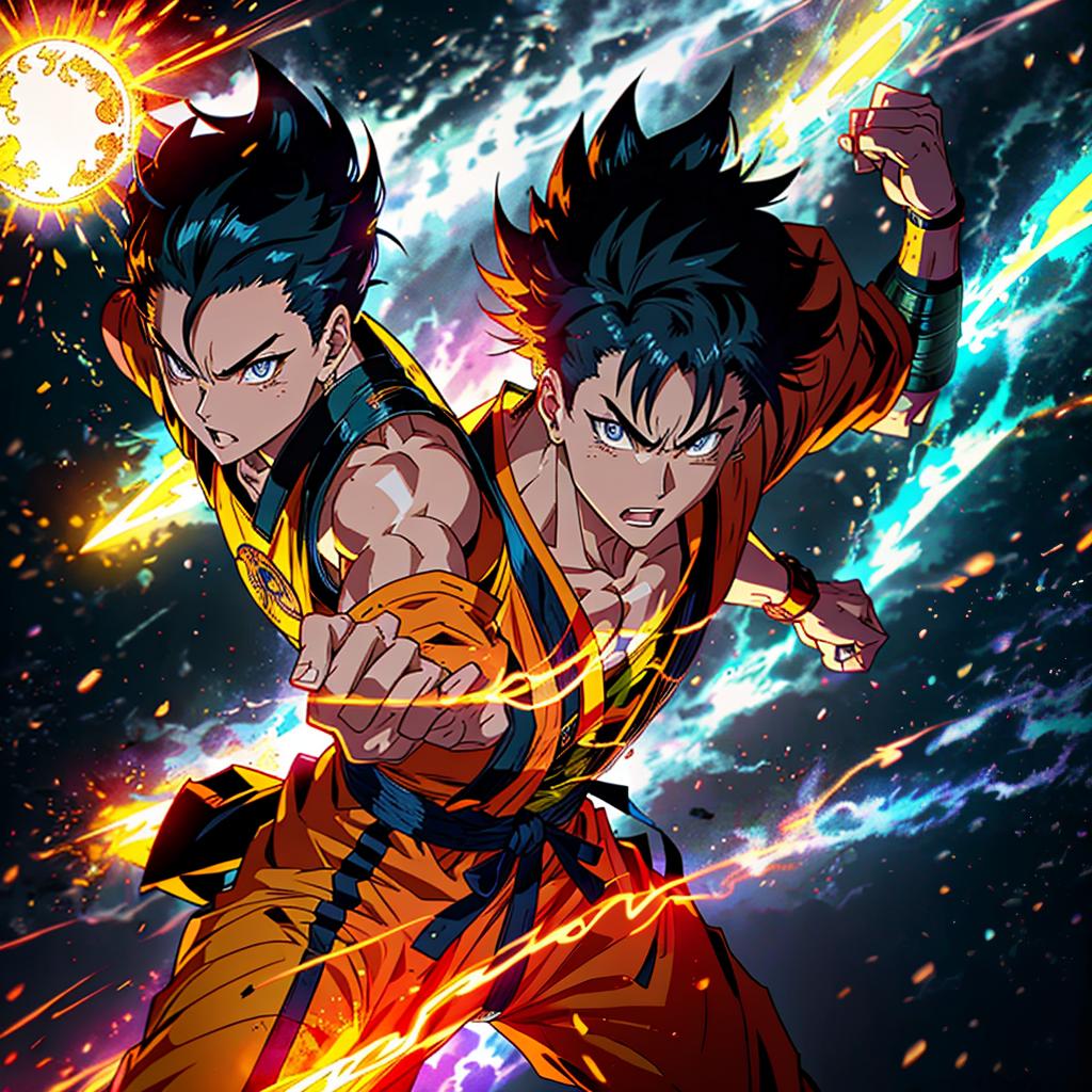  a warrior with spiky hair and a martial arts gi, in the energetic and exaggerated style of akira toriyama, with vibrant colors and dynamic action lines.close up of the face like a character card hyperrealistic, full body, detailed clothing, highly detailed, cinematic lighting, stunningly beautiful, intricate, sharp focus, f/1. 8, 85mm, (centered image composition), (professionally color graded), ((bright soft diffused light)), volumetric fog, trending on instagram, trending on tumblr, HDR 4K, 8K