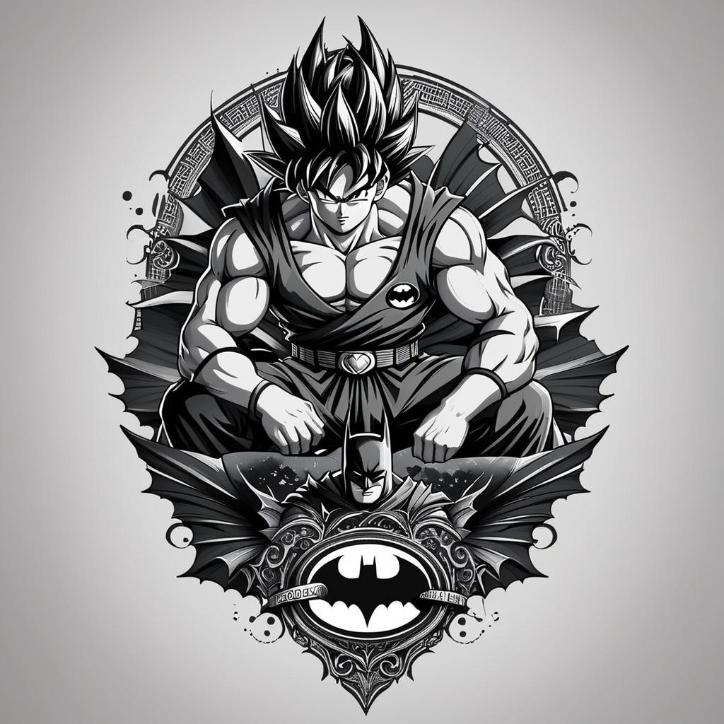  goku with a batman suit on top of machupichu,(tattoo), tattoo design