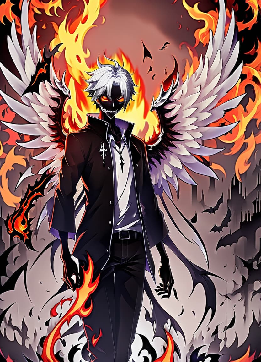  anime artwork make him a demon with wings and in his right hand he has a black and white flame. there is hell behind him and death to his left . anime style, key visual, vibrant, studio anime, highly detailed