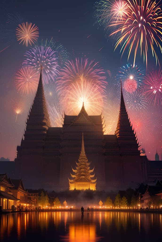  fireworks are lit up in the sky over a building, shutterstock, thailand, fireworks in background, new years eve, chinese new year in shanghai, fireworks in the background, ornate with fiery explosions, fireworks, interesting background, laos, january, beautiful image, festival of rich colors, festivals, promo, thai temple, february), beautiful high resolution, happy!!! hyperrealistic, full body, detailed clothing, highly detailed, cinematic lighting, stunningly beautiful, intricate, sharp focus, f/1. 8, 85mm, (centered image composition), (professionally color graded), ((bright soft diffused light)), volumetric fog, trending on instagram, trending on tumblr, HDR 4K, 8K