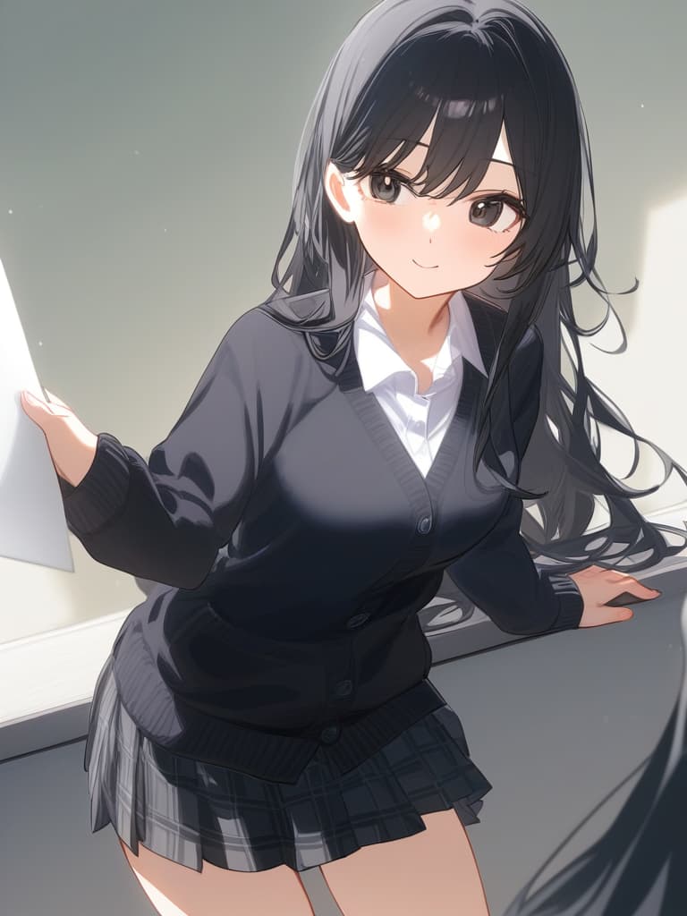  cute face focus,cute,black hair,black eyes,cute posing,cardigan,pleats skirt ,long hair,young