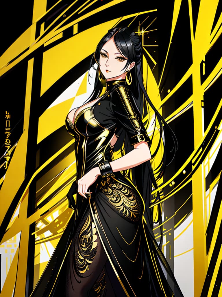  Golden yellow and sleek black color palette, captivating and inviting expression, exuding elegance and charm, magnetic beauty, intricate details, high contrast, luxurious feel, digital art, female, glossy finish, striking composition, dynamic lighting to enhance features.