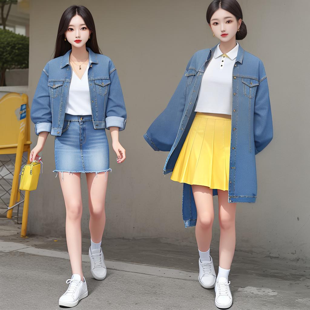  masterpiece, best quality,Denim Blue Jean Cropped Jean Jacket, White Polo Shirt, Yellow Pleased Mid Calf Skirt, Casual White Sneakers,