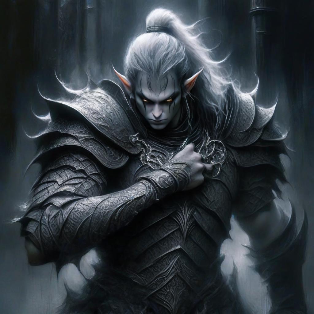  macabre style a noble white skinned slender elf fighter with black hair, in white leather and steel openwork armor, shoulder pads and elbows, with a sword in his hand. full height in a dark room with black columns. . dark, gothic, grim, haunting, highly detailed, perfecteyes, perfect hands