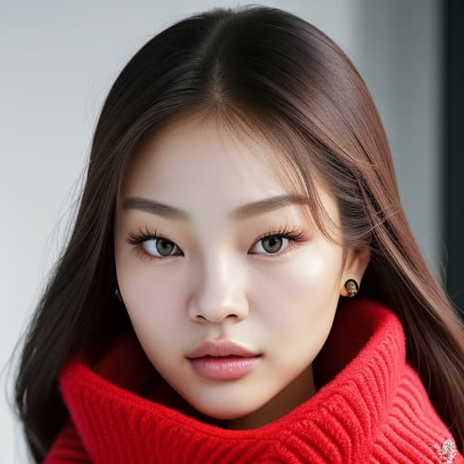  (--Style Photoralism, Jennie Kim) (full body) a close up of a woman with a red scarf on, blackpink jennie, popular south korean makeup, portrait of female korean idol, popular korean makeup, beautiful south korean woman, harpers bazaar, harper's bazaar, beautiful oriental woman, korean face features, dior campaign, korean audrey hepburn, vogue journal cover, inspired by Zhang Shuqi, detailed face of a asian girl