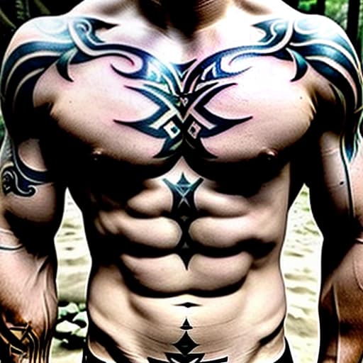  magical tattoo in the elvish language on the shoulders and torso of an elf