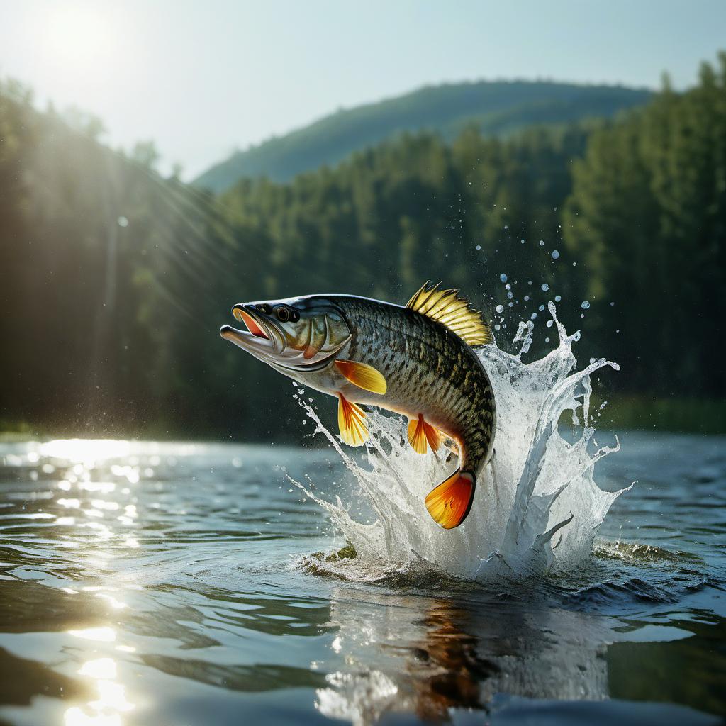  hyperrealistic art pike fish splashing in the water . extremely high resolution details, photographic, realism pushed to extreme, fine texture, incredibly lifelike, film photography style