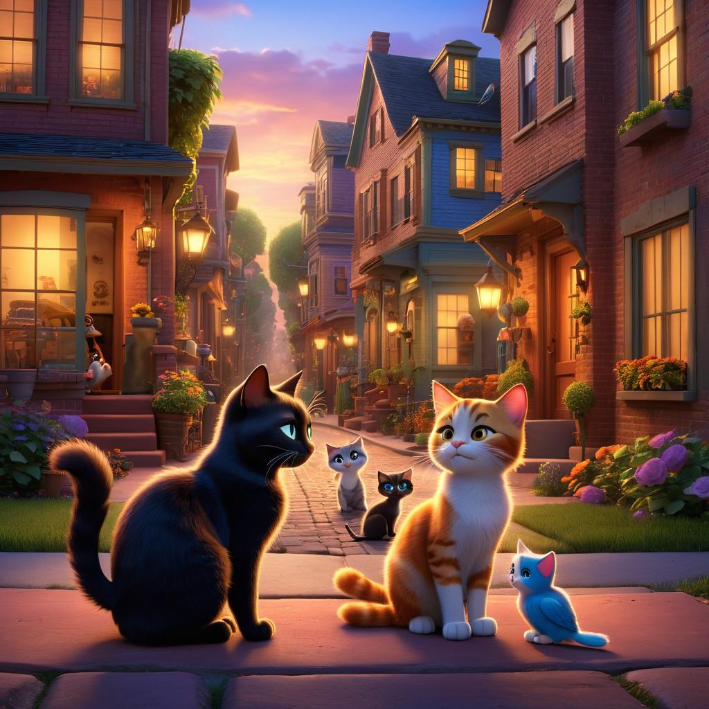  in 3d animated movie style. disney pixar style. umer, old ve , and kitten, a young feline, with a diverse group of supportive friends exploring a colorful neighborhood at dusk. high resolution pixar 3d style with rich colors and soft warm lighting. dynamic bird's eye view composition shows unity and determination of the group.