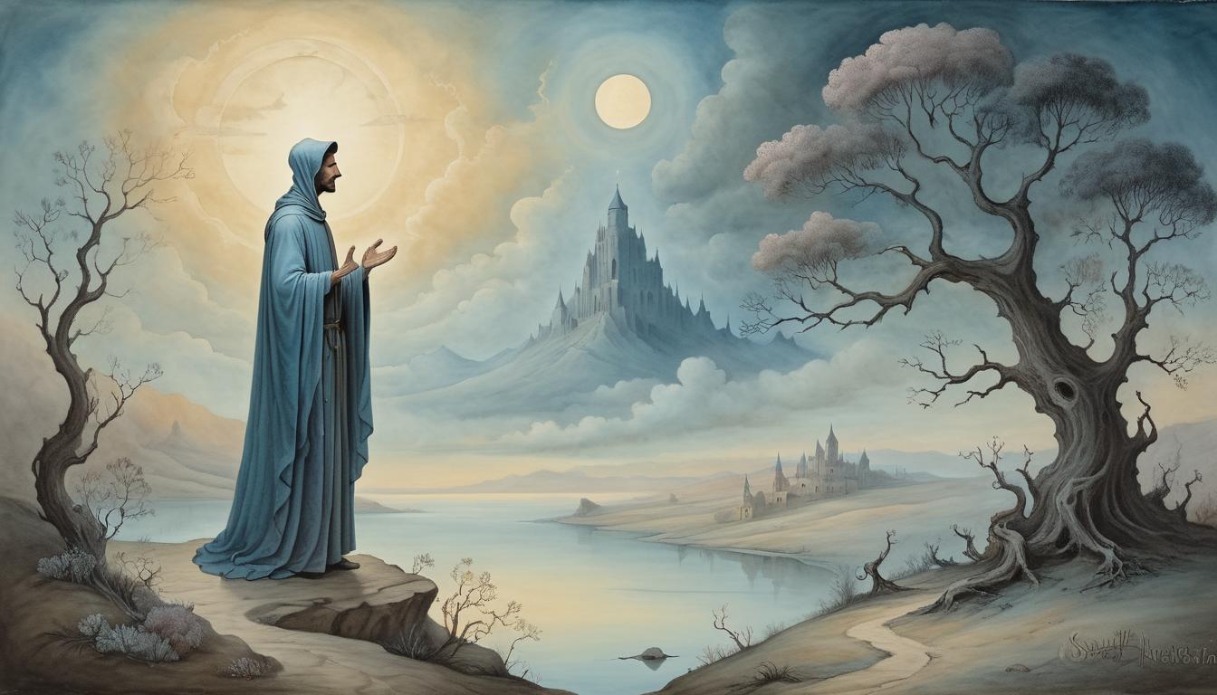  on parchment, surrealism+++, mystic figure standing in twilight, reaching out in a gesture of grace, serene landscape, soft hues, sense of benevolent intervention(mysterious, provocative, symbolic,muted color)+++