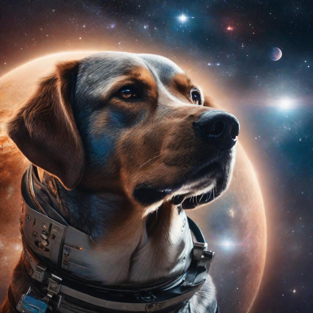  a cosmic scene depicting a dog among the stars with planets and galaxies. hyperrealistic, full body, detailed clothing, highly detailed, cinematic lighting, stunningly beautiful, intricate, sharp focus, f/1. 8, 85mm, (centered image composition), (professionally color graded), ((bright soft diffused light)), volumetric fog, trending on instagram, trending on tumblr, HDR 4K, 8K