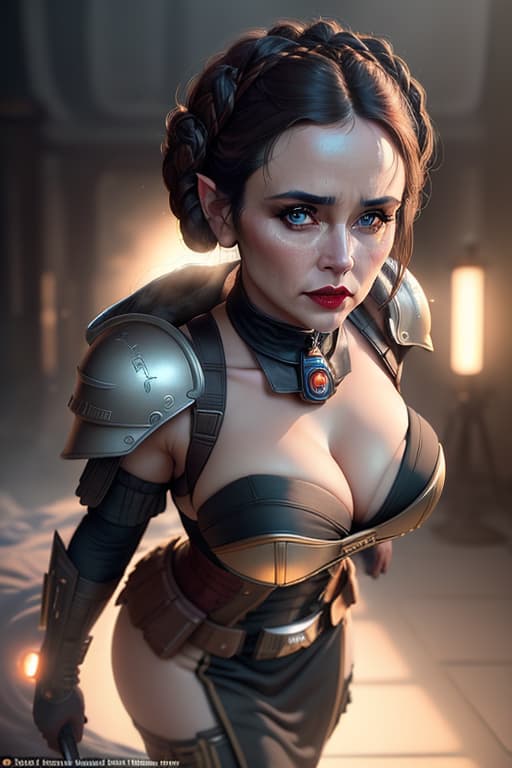  ((best quality)), ((masterpiece)), (detailed), beautiful face, princess Leia, (defiance512:1.2), big eyes, carmin red lips, teeth, heavy black iron armor, detailed helmet, intense gaze, battle ready, contrasting soft skin, (lighting:1.2), close up portrait, playing with camera hyperrealistic, full body, detailed clothing, highly detailed, cinematic lighting, stunningly beautiful, intricate, sharp focus, f/1. 8, 85mm, (centered image composition), (professionally color graded), ((bright soft diffused light)), volumetric fog, trending on instagram, trending on tumblr, HDR 4K, 8K