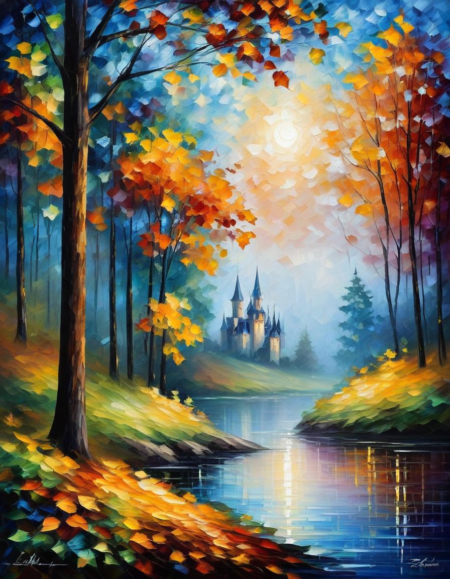  (style of leonid afremov:1.5), oil palette knife painting, canvas, autumn landscape, forest, castle, falling autumn leaves, fantasy, muted shades of colors, gothic aesthetic, beautiful, blue hour, impessionism