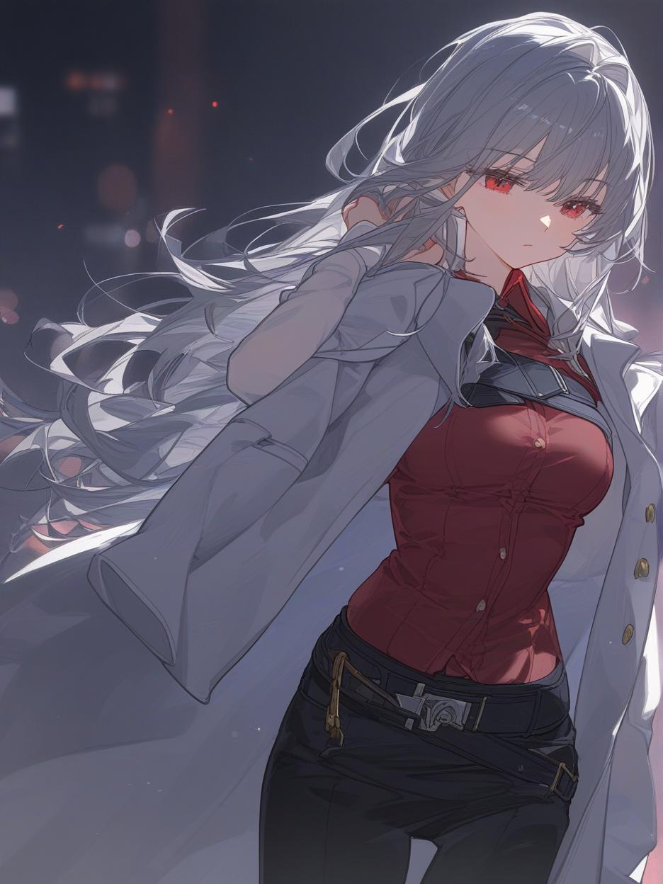  a strong woman, silver long hair, covering her face. she has deep, beautiful red eyes that are very prominent, white eyelashes that are very prominent in the eyes. she wears dark dress pants. a red shirt with buttons on the front seam, two thin belts under the bust. a light gray lab coat on the shoulders. a very strong and slender body, his strong abdomen shows in the red shirt. the background is a futuristic area where people practice combat in the background. she has a cup of coffee in her hands. well highlighted eyes with white eyelashes details, 8k. . best quality, high resolution