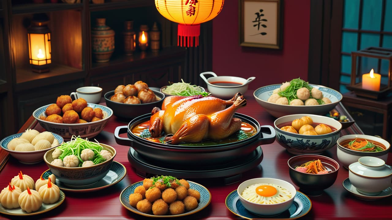  @ image prompt: a beautifully arranged table featuring iconic chinese dishes: a whole peking duck with crispy skin, a plate of assorted dumplings in various styles, and a bubbling hot pot filled with colorful ingredients, all set in a traditional chinese dining environment. hyperrealistic, full body, detailed clothing, highly detailed, cinematic lighting, stunningly beautiful, intricate, sharp focus, f/1. 8, 85mm, (centered image composition), (professionally color graded), ((bright soft diffused light)), volumetric fog, trending on instagram, trending on tumblr, HDR 4K, 8K