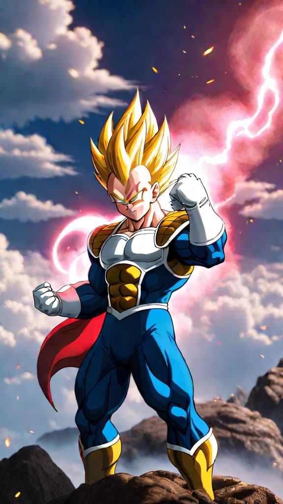  anime art: majin vegeta sacrificing himself to defeat buu, bidding farewell to loved ones. hyperrealistic, full body, detailed clothing, highly detailed, cinematic lighting, stunningly beautiful, intricate, sharp focus, f/1. 8, 85mm, (centered image composition), (professionally color graded), ((bright soft diffused light)), volumetric fog, trending on instagram, trending on tumblr, HDR 4K, 8K