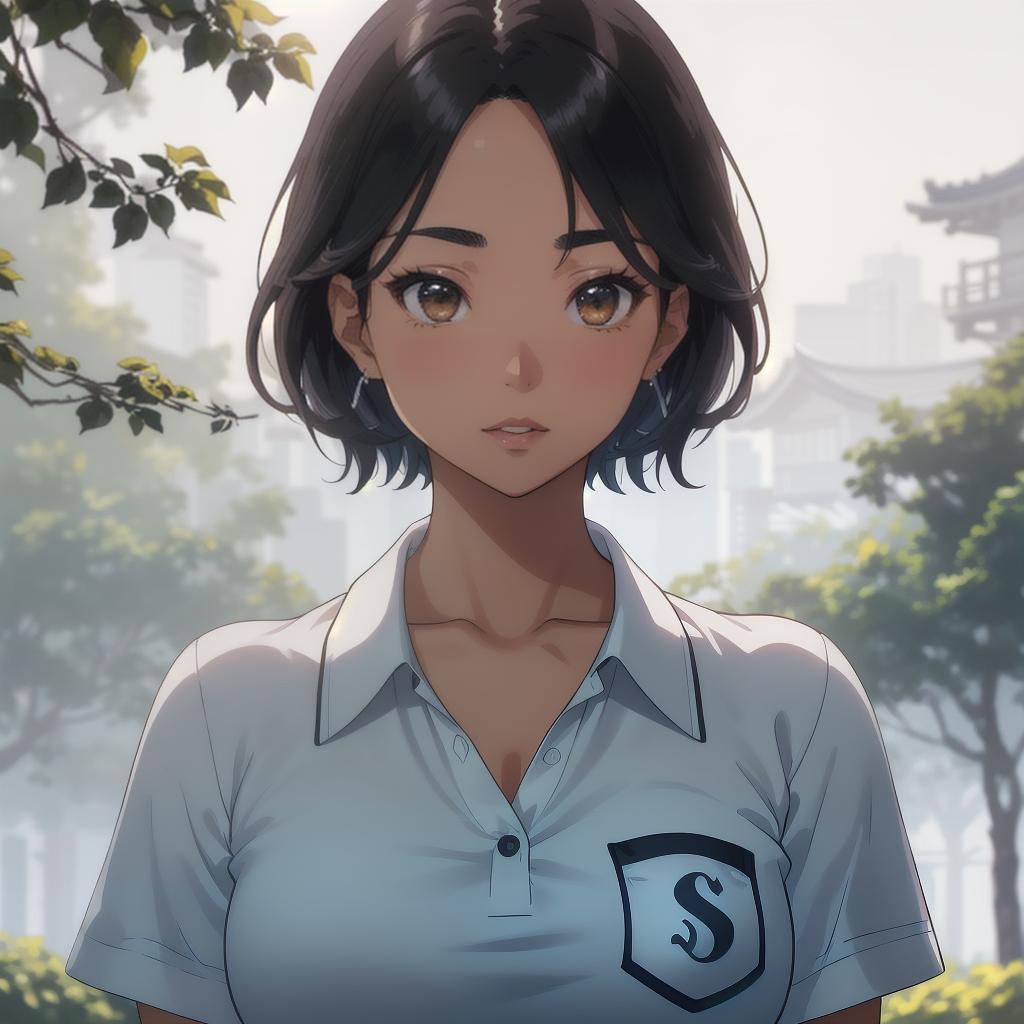  (((anime full torso frontal head shot of a light tan skin tone woman))), hani yoon chung, ((korean heritage)), immature face, brown eye color, ((short hair style)), ((black hair color)), (( body type)), small size, small size, (immature small rounded nose), (immature high cheekbones), (immature smooth jawline), (immature medium lips), (immature broad forehead), (immature natural eyebrows), (immature dimpled chin), standing straight looking directly into the camera,((wearing fitted polo shirt with deep v neck and monogrammed pocket)), backyard in background, 1girl, best quality, highest quality, award winning photo, masterpiece, raw, professional photography, photorealism, sharp focus, cinematic, high resolution, sharp hyperrealistic, full body, detailed clothing, highly detailed, cinematic lighting, stunningly beautiful, intricate, sharp focus, f/1. 8, 85mm, (centered image composition), (professionally color graded), ((bright soft diffused light)), volumetric fog, trending on instagram, trending on tumblr, HDR 4K, 8K