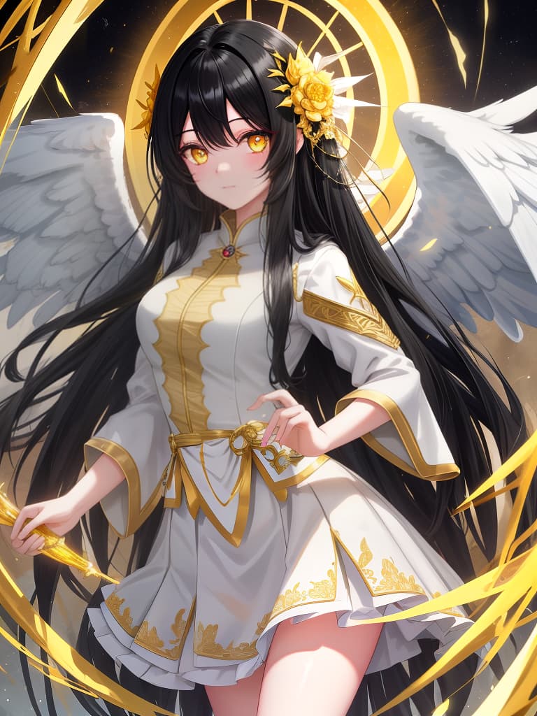  black hair, long hair, angel, cute face, girl, angel wings, yellow eyes, masterpiece, best quality,8k,ultra detailed,high resolution,an extremely delicate and beautiful,hyper detail