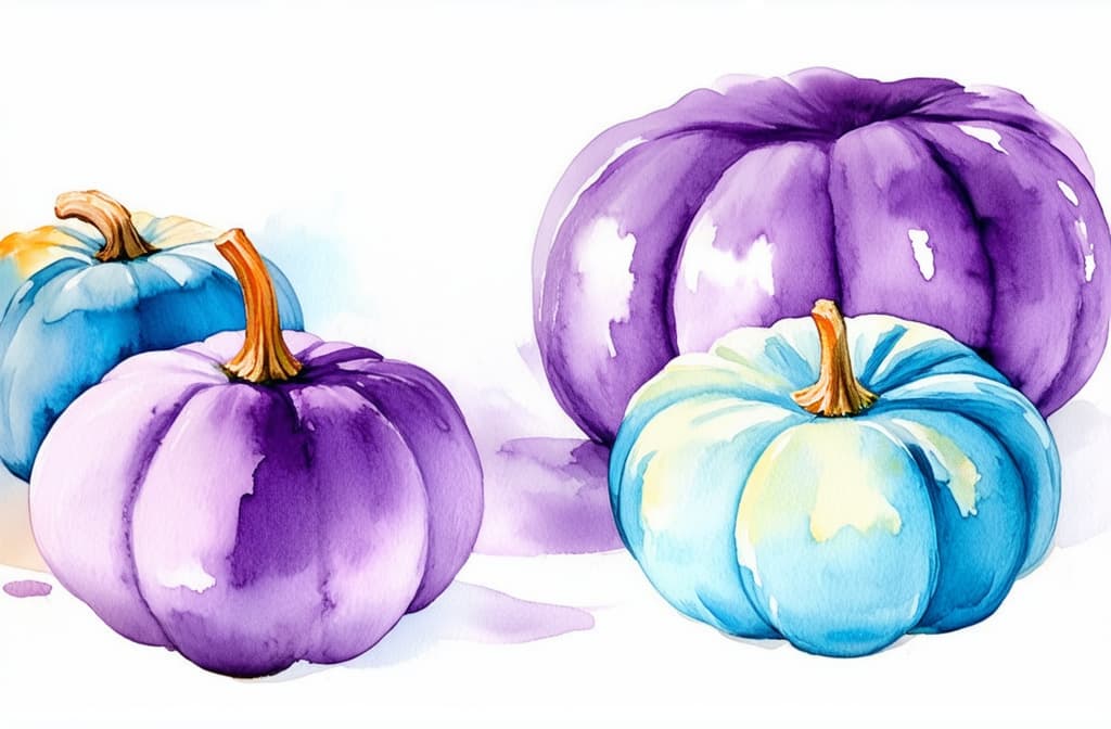  artwork purple and blue pumpkins on the white background ar 3:2, watercolor techniques, featuring fluid colors, subtle gradients, transparency associated with watercolor art