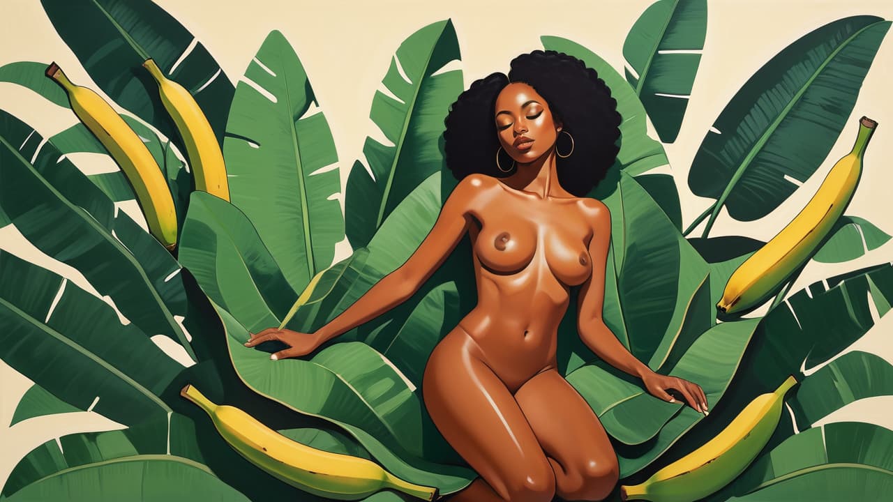  minimalism, a beautiful black woman laying down surrounded by 5 banana plant leaves. she is in a divine pose. their entire body. she is naked. semi minimalist painting, abstract, simple geometic shapes, hard edges, sleek contours, minimalism