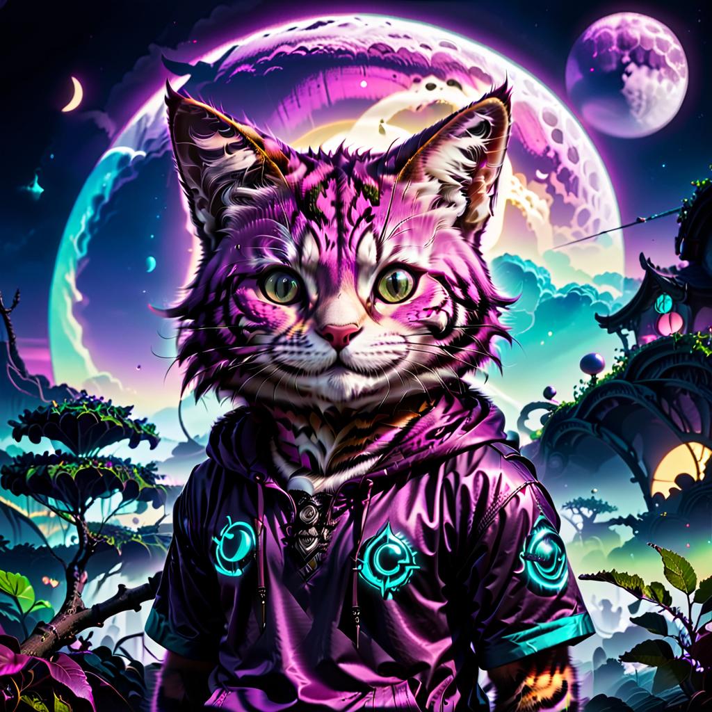  neonpunk style the cheshire cat smiles broadly and sits on a branch, purple black purple green colors, space, moon and planets in the background . cyberpunk, vaporwave, neon, vibes, vibrant, stunningly beautiful, crisp, detailed, sleek, ultramodern, magenta highlights, dark purple shadows, high contrast, cinematic, ultra detailed, intricate, professional, t shirt design, civitai